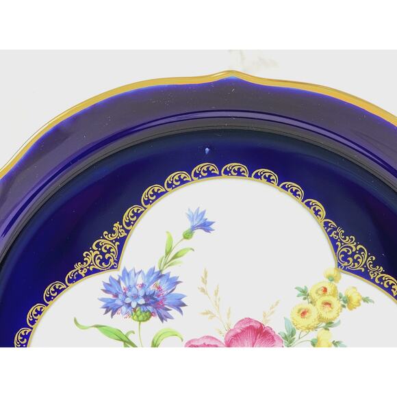 Lindner Echt Cobalt Floral Server Platter Moosrose Bavaria 12" Gold Trim 80s Vtg - Picture 5 of 16